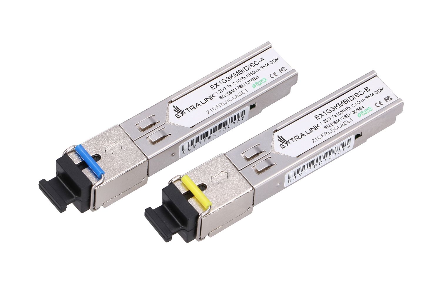 Extralink SFP 1.25G | SFP WDM Module | 1.25Gbps, 1310/1550nm, single-mode, 3km, SC, DOM, pair
