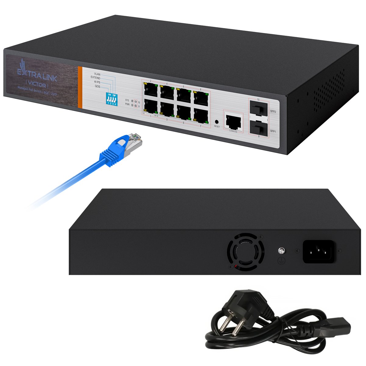 Extralink VICTOR PoE Switch, 8x Gigabit PoE/PoE+, 2x SFP, 1x Console Port, 150W, Managed