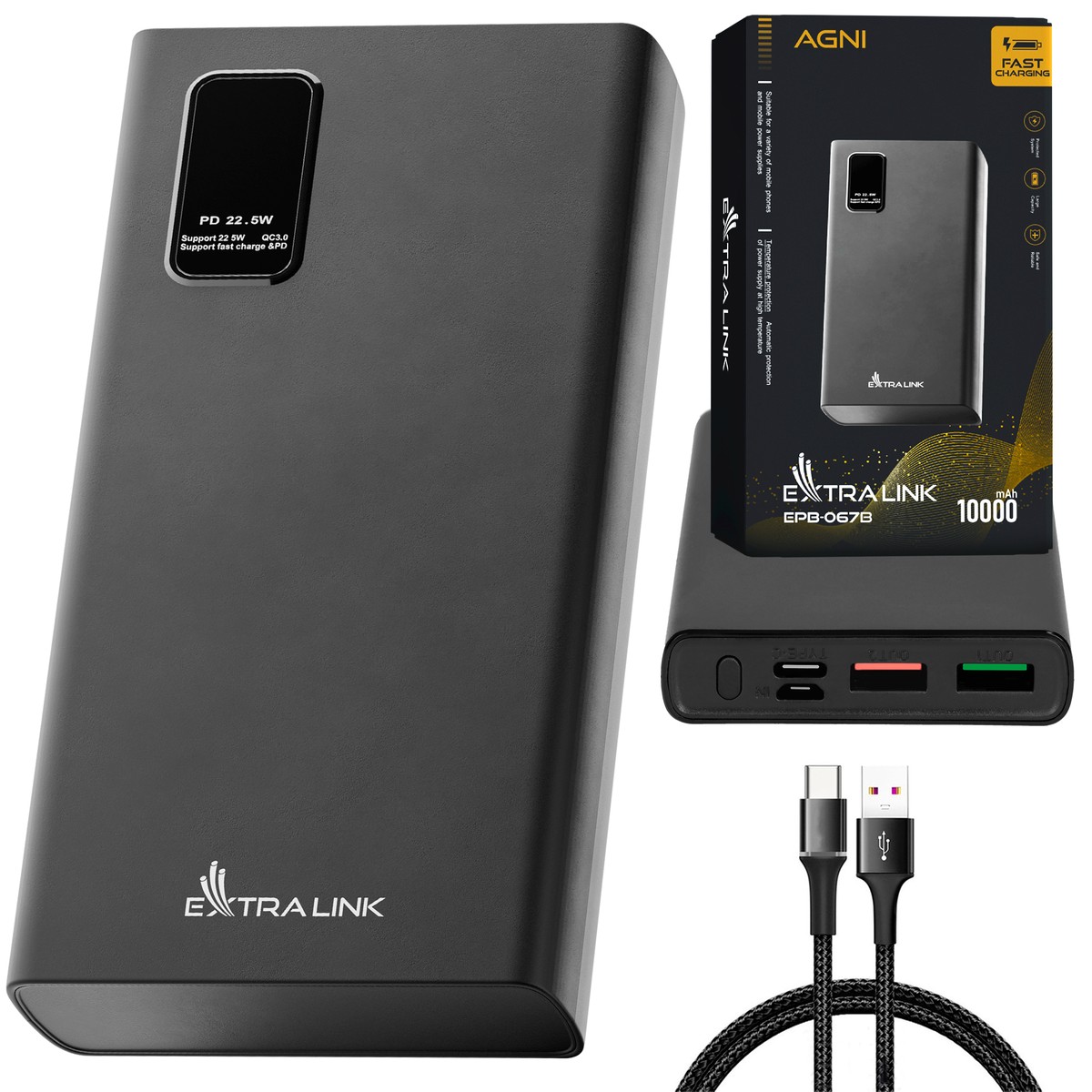 Extralink EPB-067B 10000mAh Black | Power Bank | Portable Charger, Fast Charging, USB-C