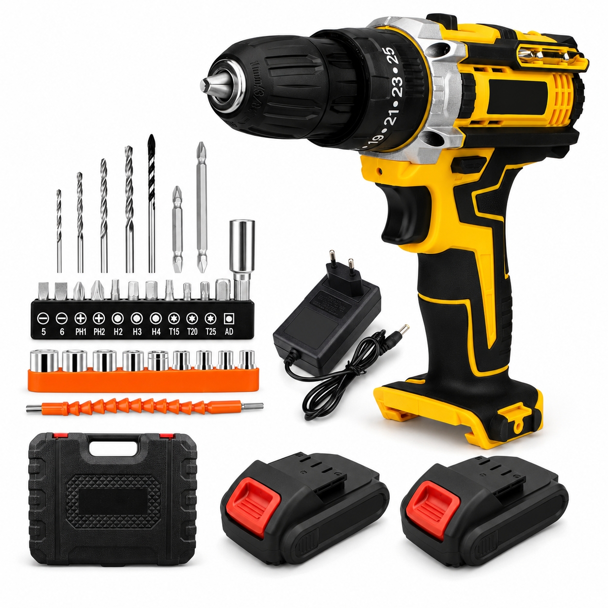 Extralink CORDLESS DRILL – YELLOW – WITH 2 RECHARGEABLE BATTERIES