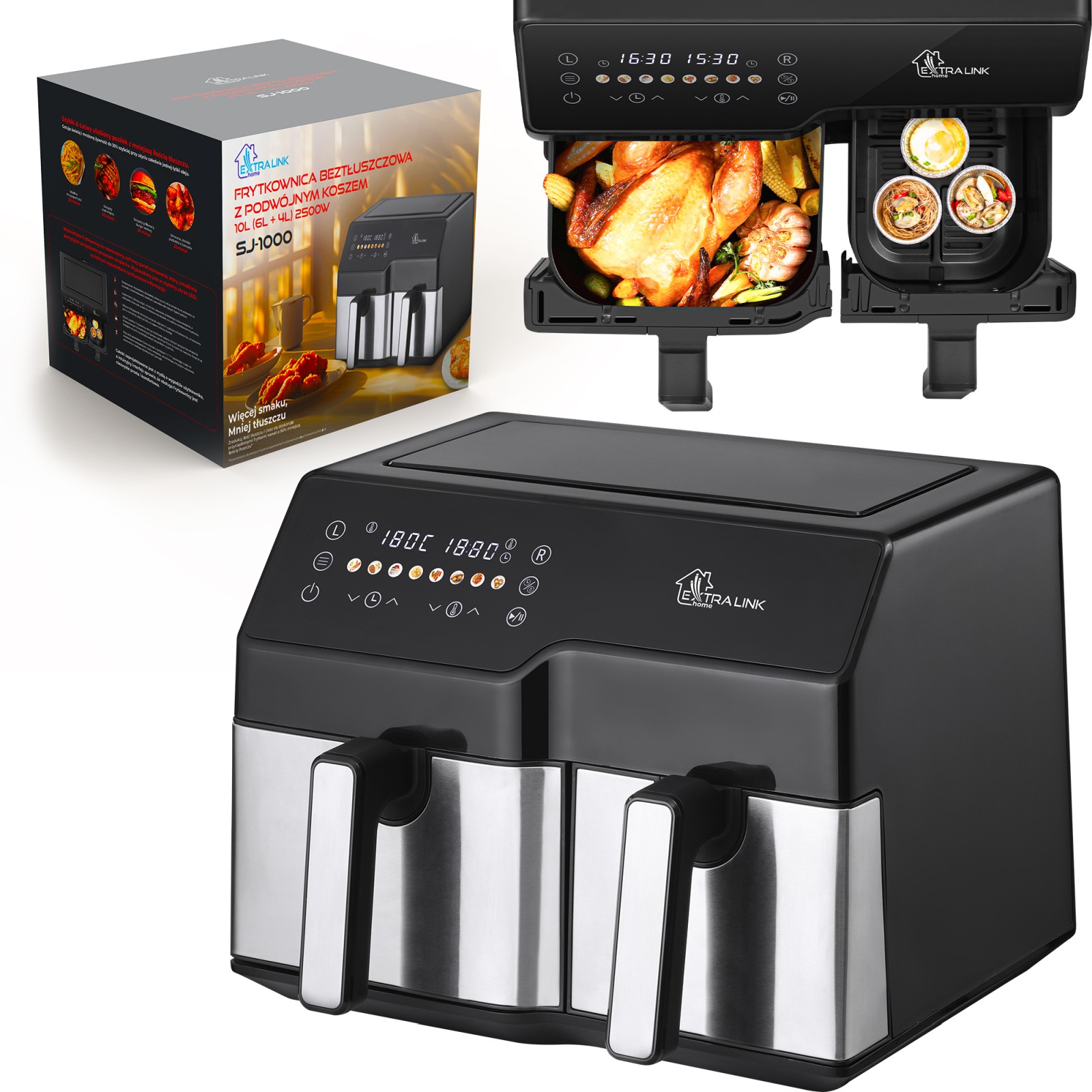 Extralink Home Air Fryer SJ-1000 10L EU, Air fryer, (6L+4L) 2500W