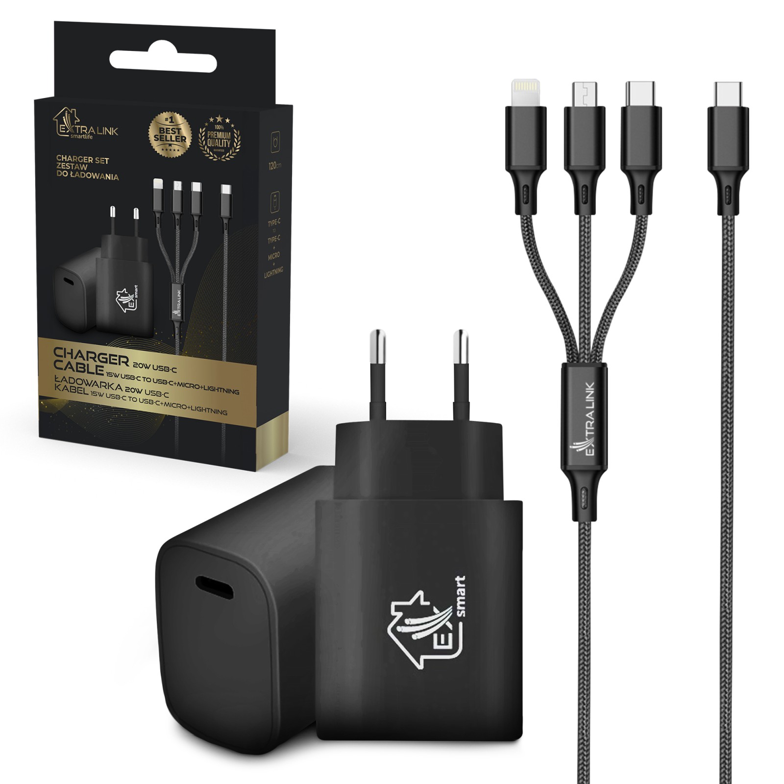Cavo 3 in 1 + Caricabatterie Extralink Smart Life SET03, 12 W, 120 cm / 20 W PD3.0 5 V/3 A 9 V/2,2 A 12 V 1,67 A (Nero)