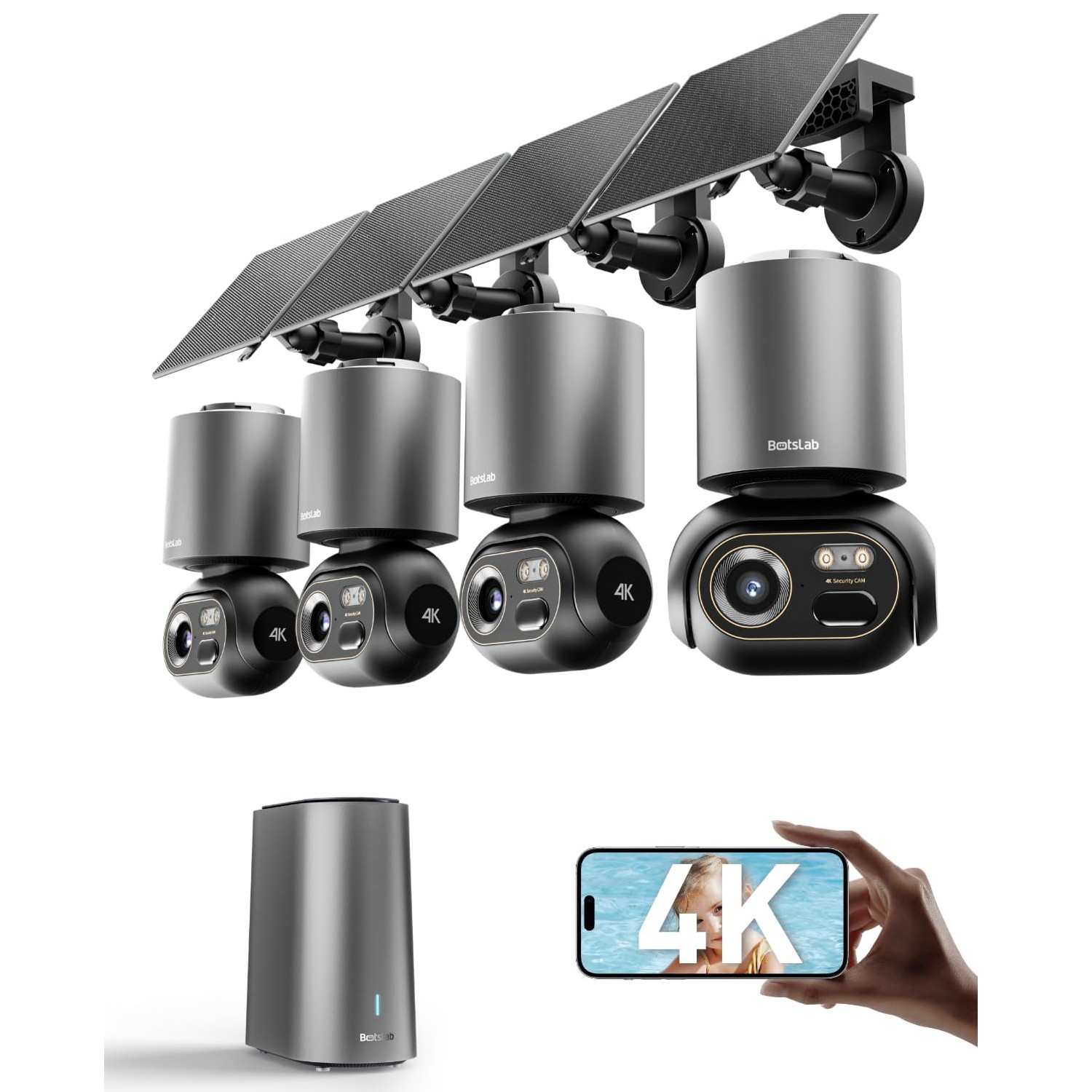 Botslab W510 4K AI Security Camera System 4-Camera Kit | Zestaw do monitoringu | 4 kamery solarne, NVR, 10000mAh