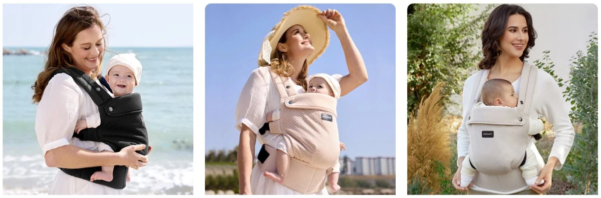 Colagem de três fotografias mostrando mulheres com bebés em porta-bebés na praia e no jardim